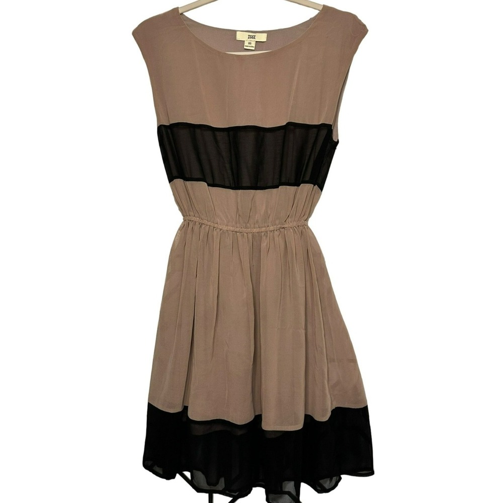 ISSI Sheer Mesh Panel Mini Dress Women's XS Tan Black Flowy Stylish Party Dress
